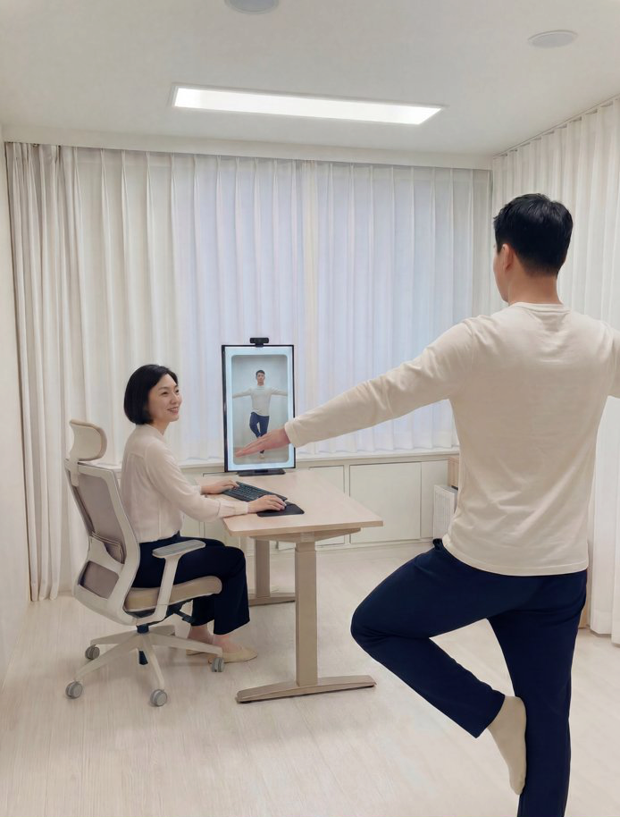 브레인트레이닝 전문가와 함께 코드맵AI 균형 감각 측정을 진행하는 모습